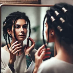 femme qui vérifie l'état de ses dreads afin de voir l'état général