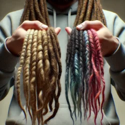 Personne tenant ses dreadlocks synthétiques en main, vérifiant leur poids et leur épaisseur. L’image illustre la différence de volume et l'impact sur le confort.