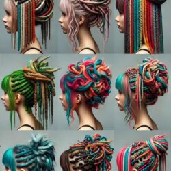 Coiffure de dreadlocks synthétiques, montrant des dreadlocks attachées en queue de cheval, créant un look élégant et structuré.