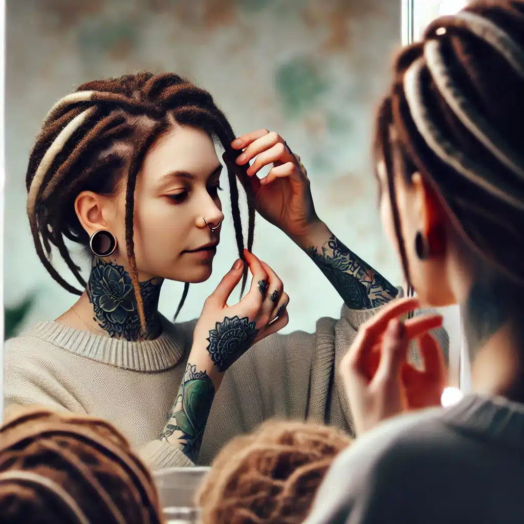 Une femme inspectant la santé de ses cheveux naturels devant un miroir