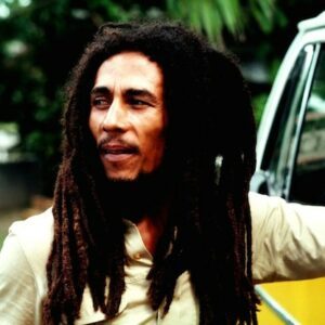 Homme portant des dreadlocks longues et épaisses, debout à côté d’un van jaune et blanc, en plein air.