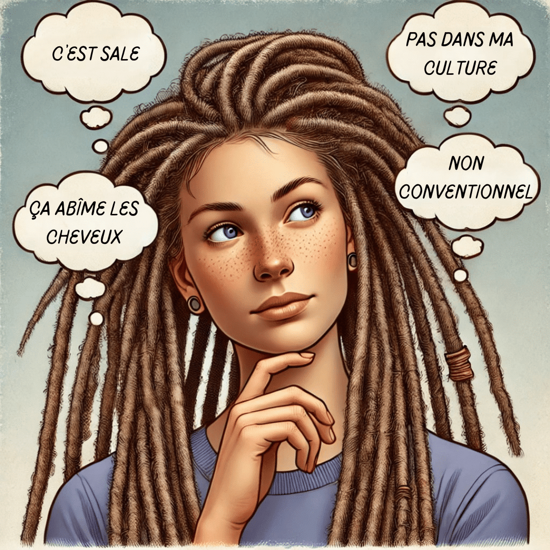 Cette illustration met en lumière les idées reçues fréquentes sur les dreadlocks, entre hygiène, identité culturelle et normes sociales.