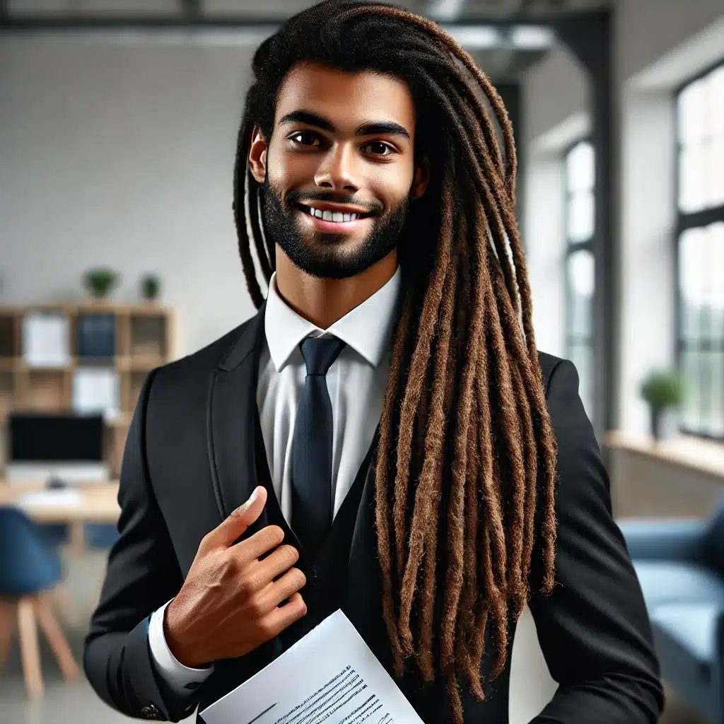 Femme et homme portant des dreadlocks synthétiques lisses dans un environnement de bureau, représentant un style professionnel et moderne.