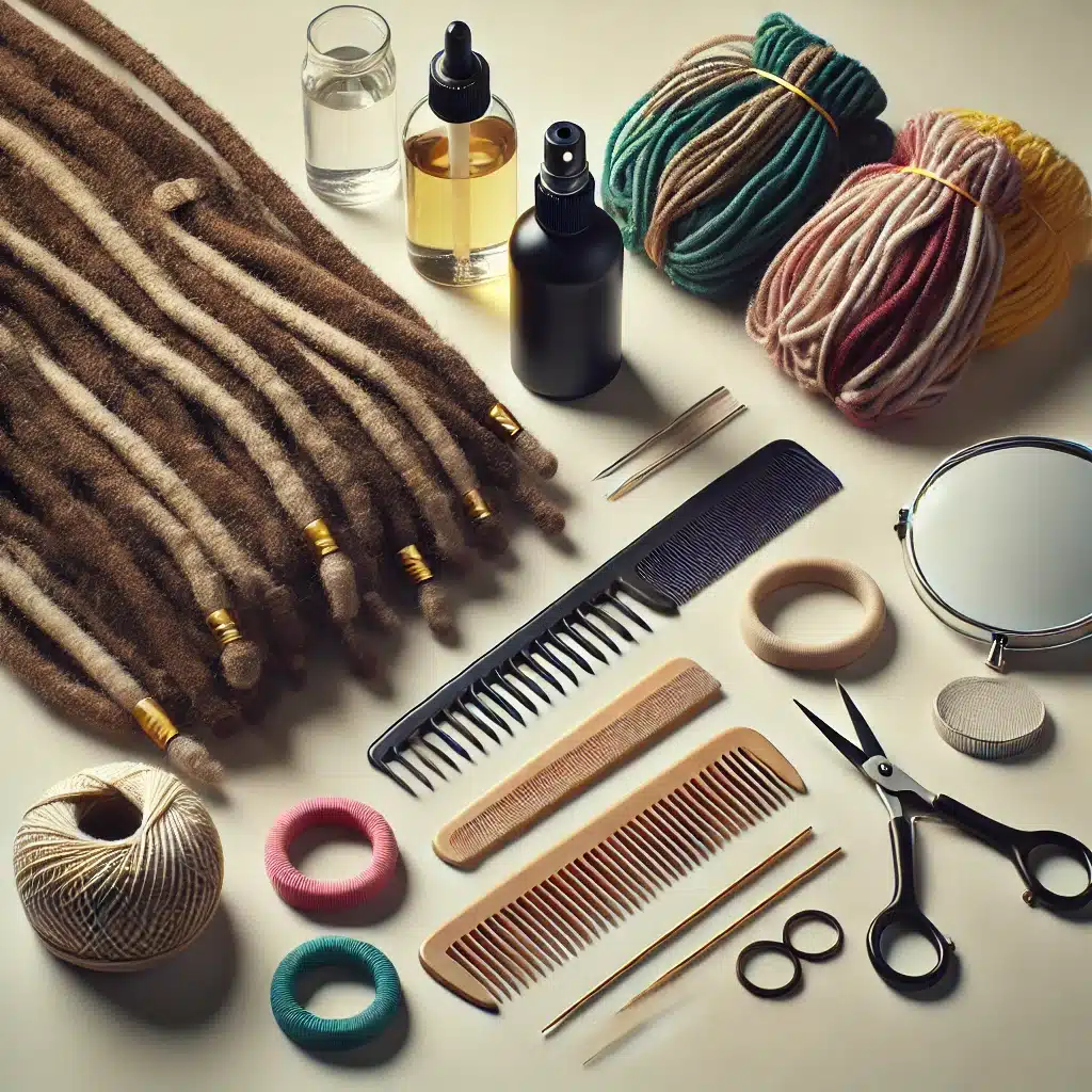 Femme en train de poser des dreadlocks synthétiques lisses à la maison avec la technique du crochet ou tressage
