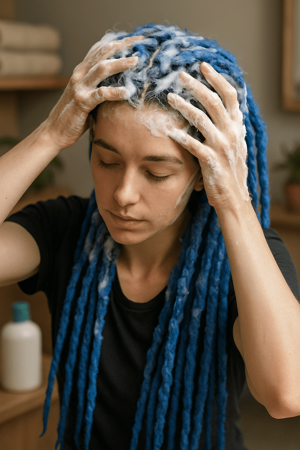 L’entretien des dreadlocks commence par un lavage en douceur du cuir chevelu, ici avec un produit moussant adapté pour ne pas laisser de résidus.