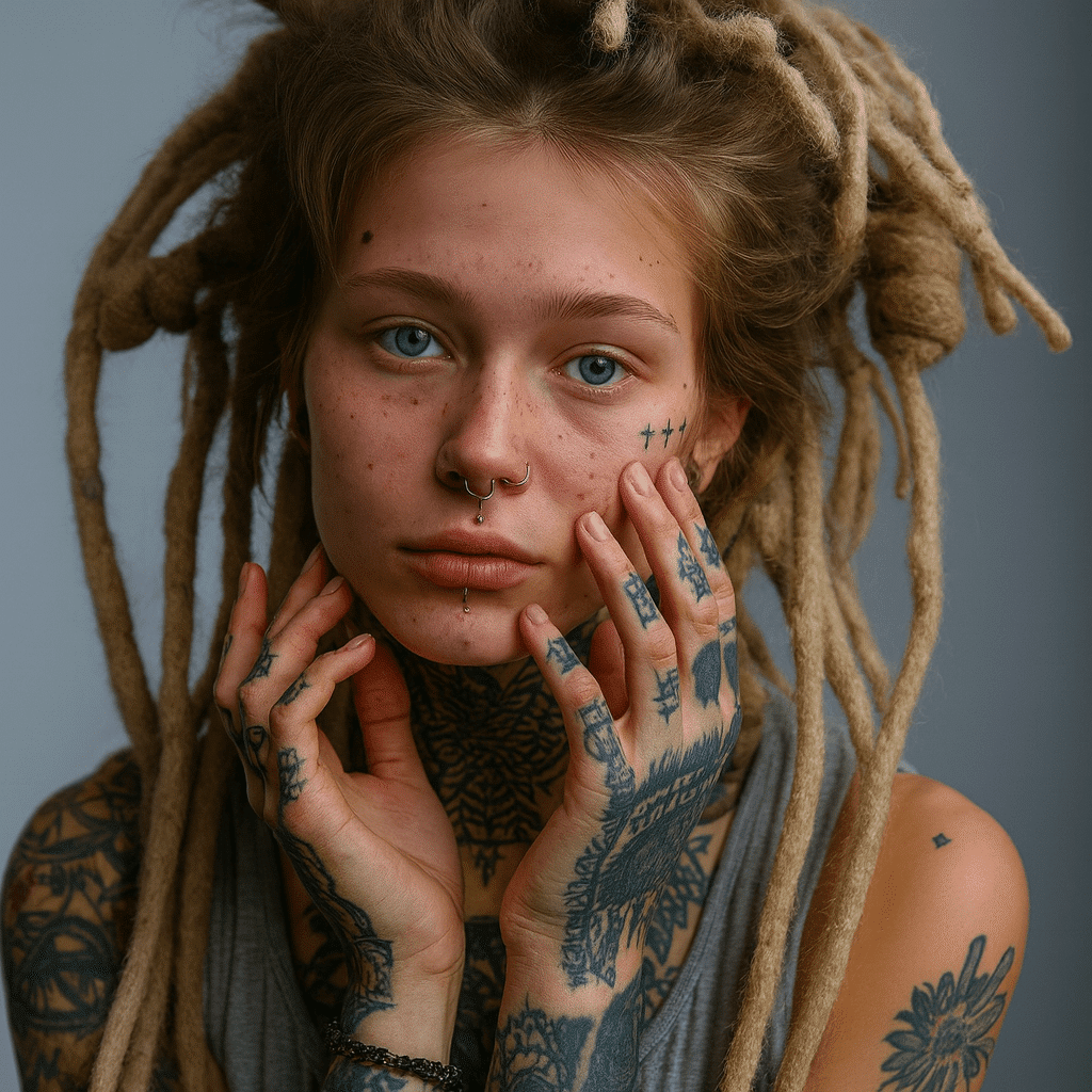 L’allure alternative dans toute sa sincérité : dreadlocks naturelles, tatouages puissants et regard assumé. Une beauté brute et authentique.