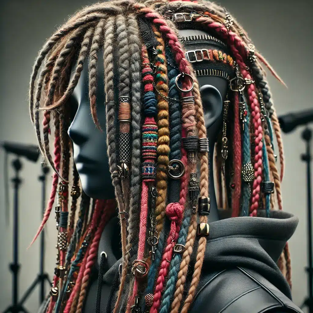 Dreadlocks multicolores accessoirisées dans un style audacieux et urbain : une fusion parfaite entre originalité, créativité et personnalité.