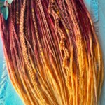 Dreadlocks rustiques en orange et rouge avec des motifs naturels et extensions.