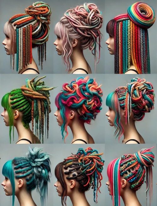 Exemple de coiffure avec dreadlocks synthétiques Coiffure de dreadlocks synthétiques, montrant des dreadlocks attachées en queue de cheval, créant un look élégant et structuré.